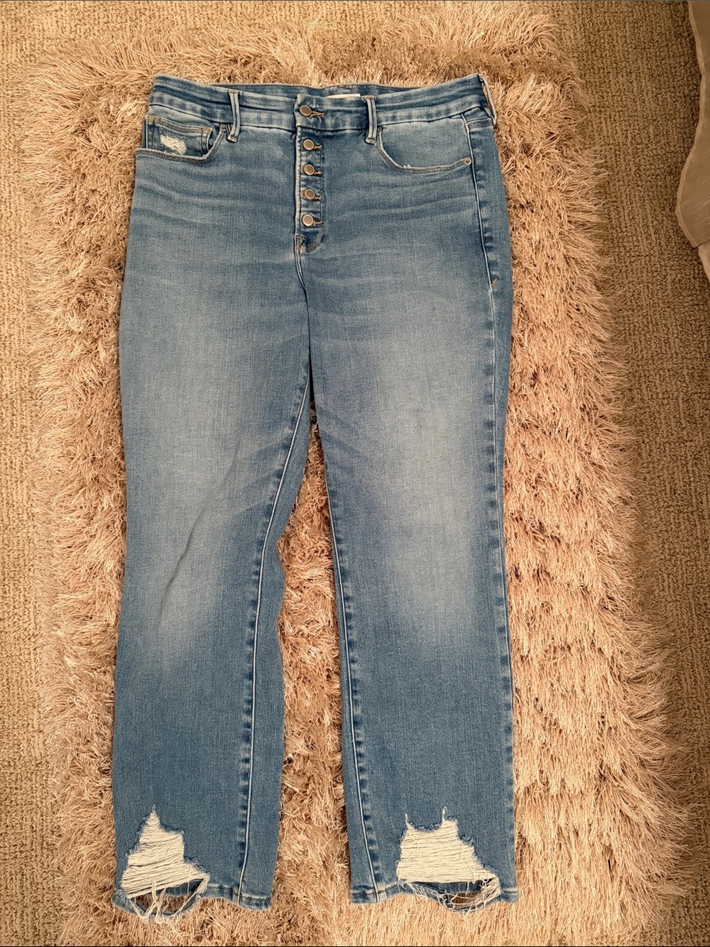 Good American Light Blue Cropped High-Rise Button-Fly Jeans 14/32